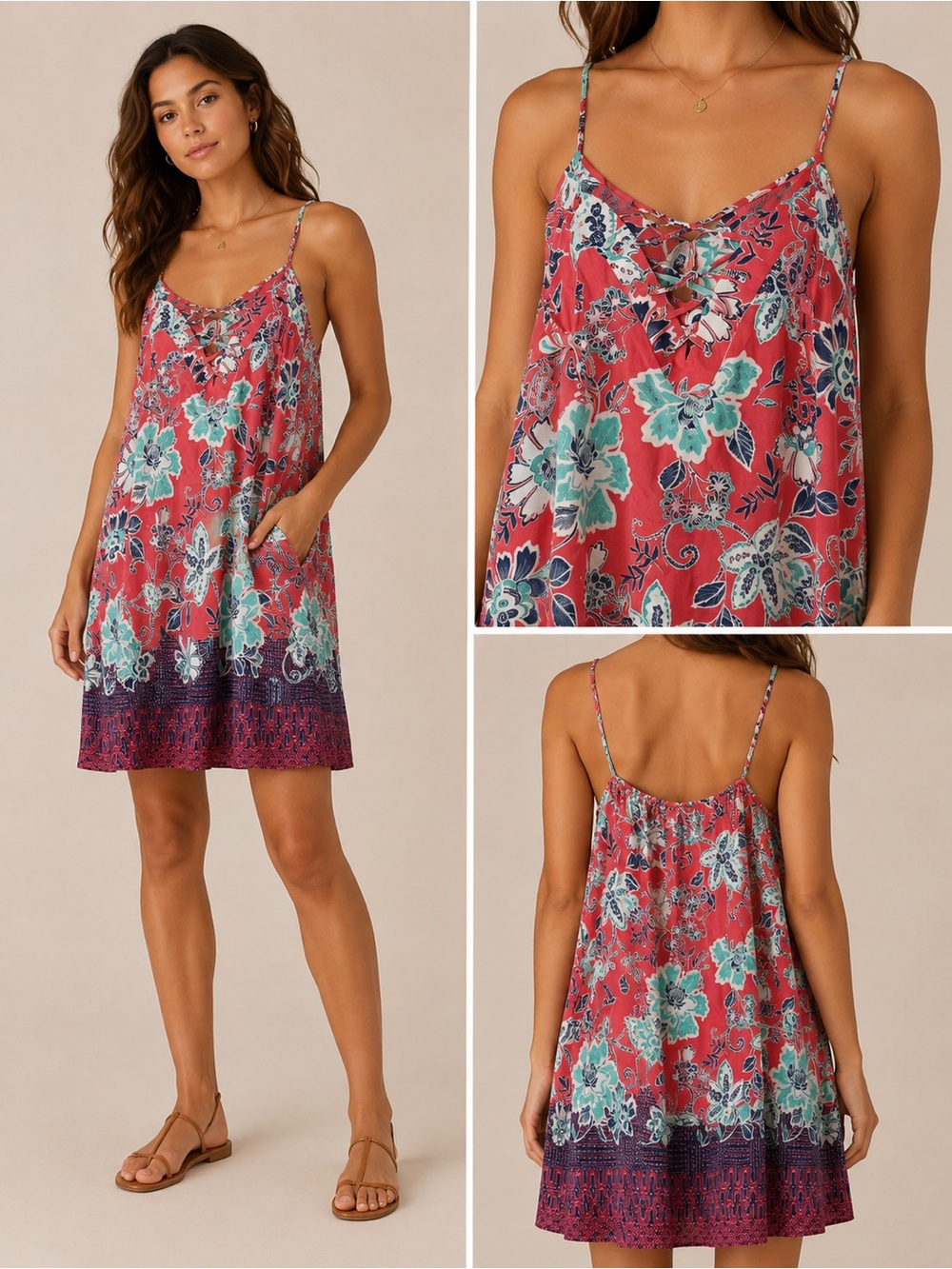 Floral Spaghetti-Strap Swing Dress - Coral & Teal
